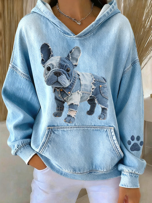 Blanca - Gestreepte Hoodie met Franse Bulldog en Denim Patch voor Dames